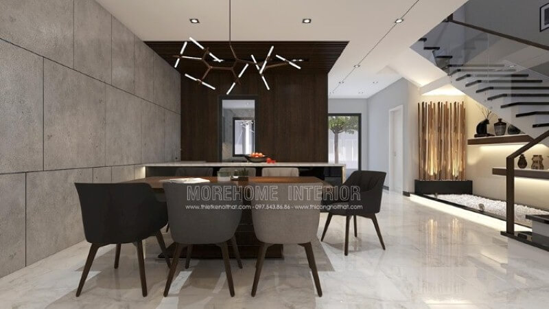 Trang trí phòng ăn hiện đại độc đáo dành cho không gian rộng như nhà phố, biệt thự với ý tưởng bố trí mở phòng ăn liền kề phòng khách, phòng bếp. thiết kế biệt thự